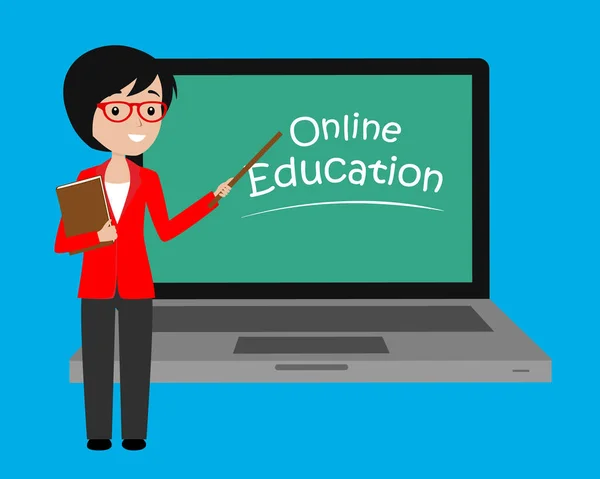 Eğitim Eğitim Online Eğitim Öğrenme Konsepti Öğretmenli Dizüstü Bilgisayar Düz — Stok Vektör