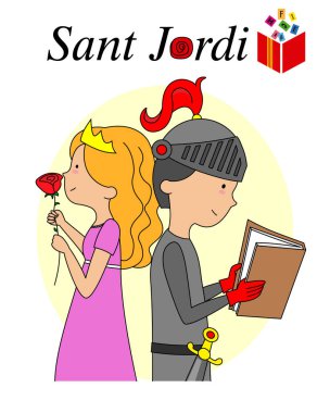 Sant Jordi geleneksel Katalonya İspanya Festivali. Gül ve şövalye okuyan bir prenses.