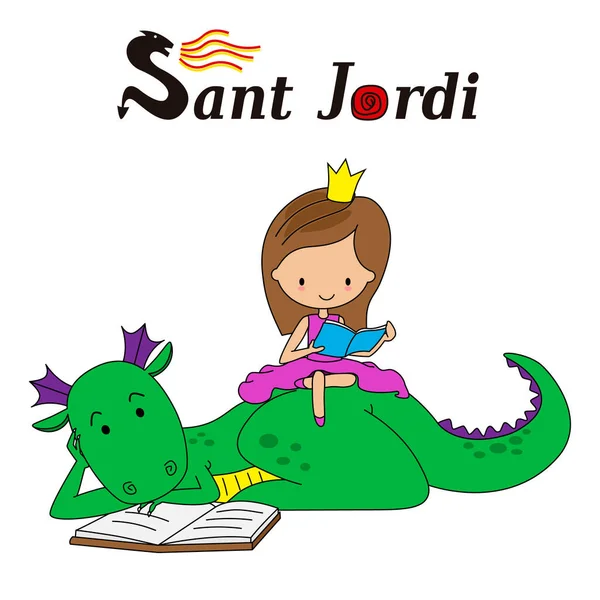 Sant Jordi Traditional Festival Catalonia Spain Princess Reading Sitting Top — Stock Vector