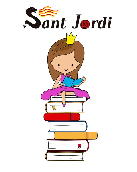 Sant Jordi Traditional Festival Catalonia Spain Princess Reading Top Pile — Stock Vector