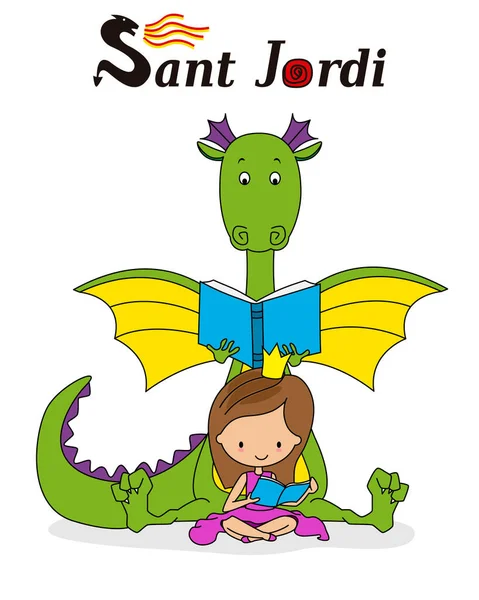 Sant Jordi Festival Traditionnel Catalogne Espagne Dragon Princesse Lisent Vecteur — Image vectorielle