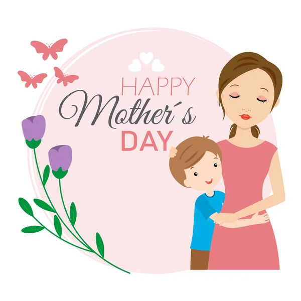 Szczęśliwego Dnia Matki Chłopiec Przytulający Matkę Ramka Miejscem Tekst Lub — Wektor stockowy