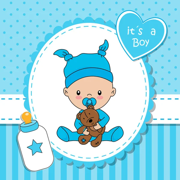 Baby Douchekaart Kleine Jongen Met Teddybeer — Stockvector