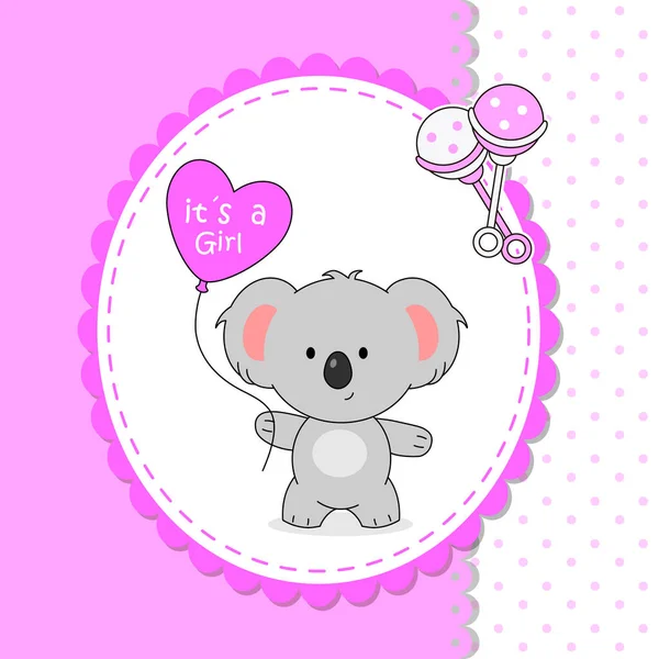 Baby Girl Shower Card Cute Koala Heart Shaped Balloon — Stock Vector