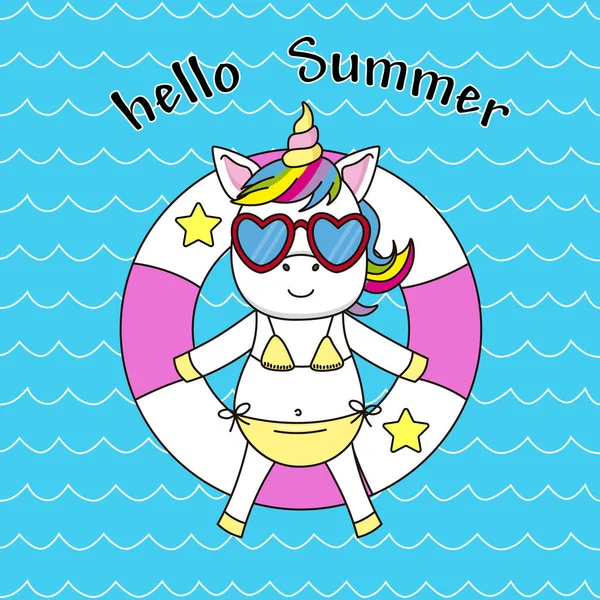 Happy Summer Card Unicorn Top Float Basking Sun — Stock Vector