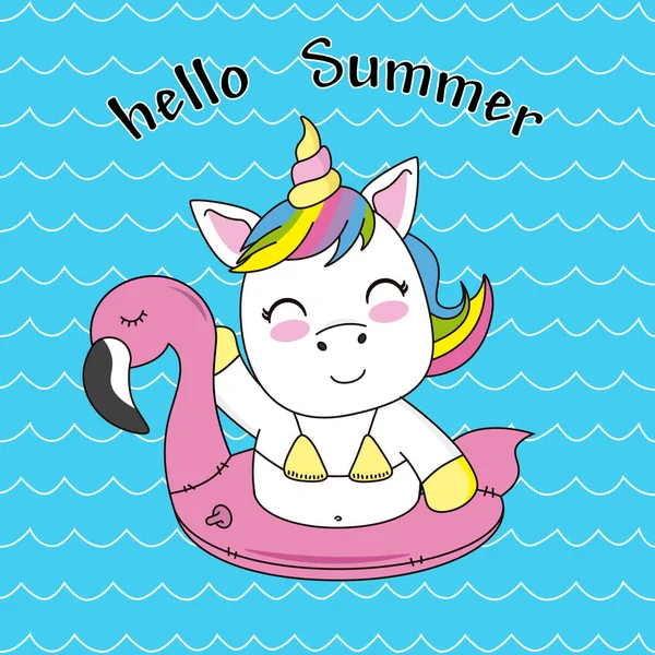 Happy Summer Card Unicorn Beach Pelican Float — Stock Vector