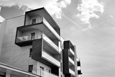 Modern apartman dış görünüşü. siyah ve beyaz