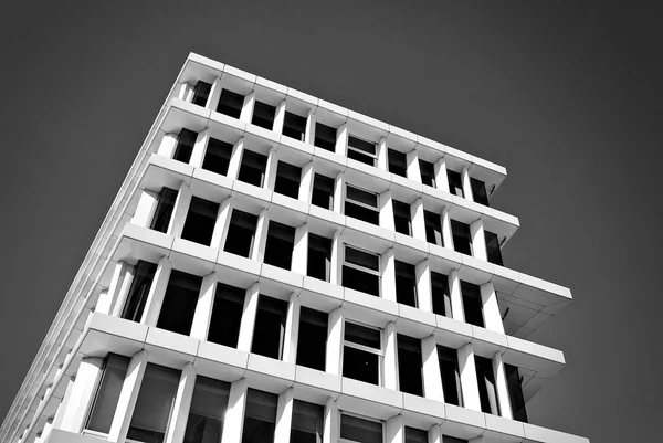 Prédio moderno. Edifício de escritório moderno com fachada de vidro. Preto e branco — Fotografia de Stock