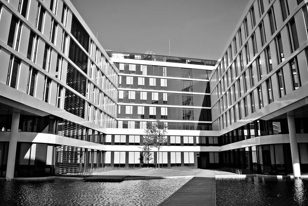 Prédio moderno. Edifício de escritório moderno com fachada de vidro. Preto e branco — Fotografia de Stock