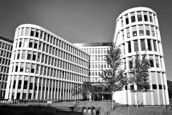 Современное здание. Современное офисное здание с фасадом из стекла. Черное и белое — стоковое фото