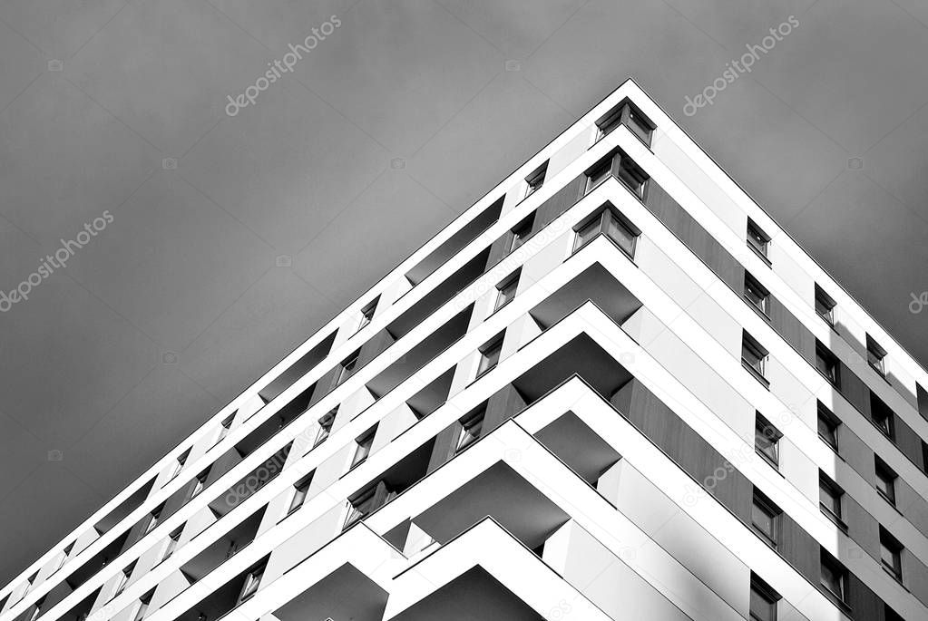 Modern apartment buildings exteriors. Black and white.