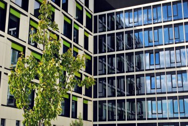 Modern bina. Camdan yapılmış modern ofis binası.