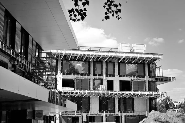 Building under construction. Black and white.