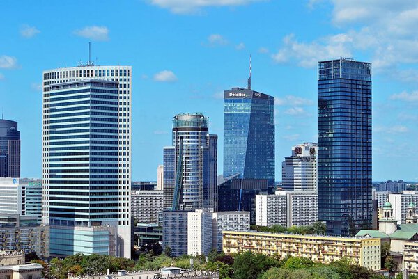 Warsaw, Poland.15 August 2017. Aerial view Palace of Culture and Science and downtown business skyscrapers, city center.