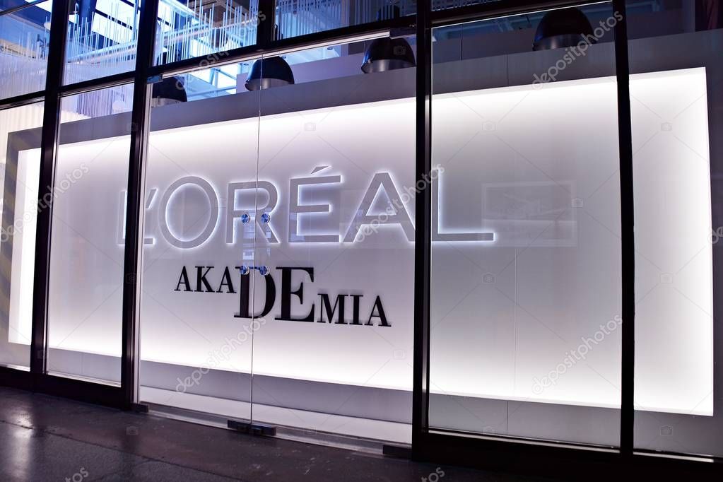 Warsaw,Poland. 12 January 2018. L'Oreal Akademia.  The logo of the brand 