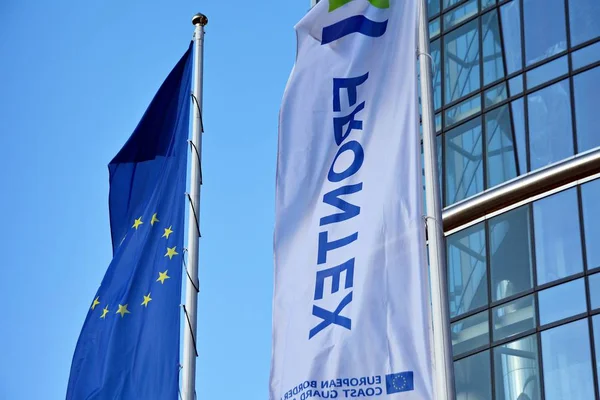 Warschau Polen Januar 2018 Warschauer Kirchturm Frontex Gebäude Schild Frontex — Stockfoto