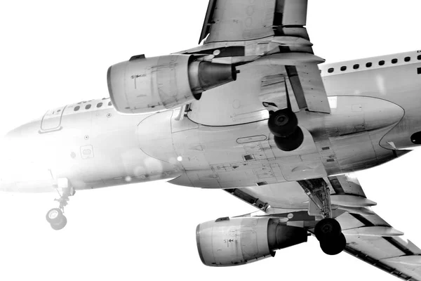 Flugzeug Landet Auf Dem Flughafen Schwarz Weiß — Stockfoto