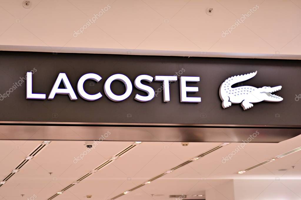 Warsaw,Poland. 16 March 2018. Sign Lacoste. Company signboard Lacoste.