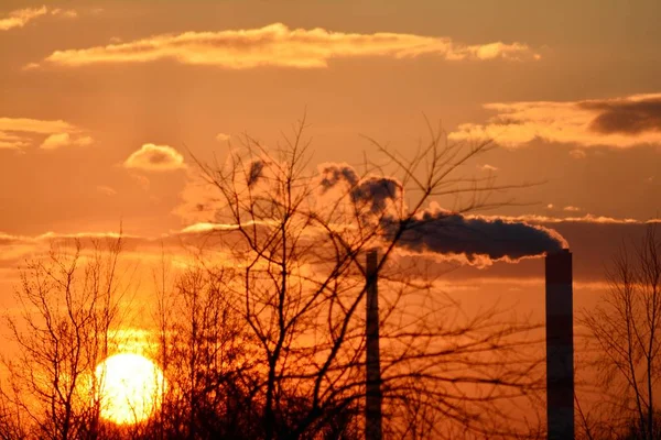 Chimeneas Humo Contra Sol Poniente Humo Planta — Foto de Stock