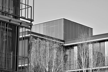 Modern şehir ofis binası dış. Siyah ve beyaz.