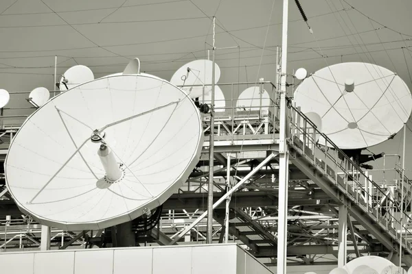 Satellite Communications Dishes on top of TV Station. Black and white.