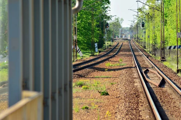 Railroad Tracks Met Spoorweg Schakelaar Twee Paden Samenkomen — Stockfoto