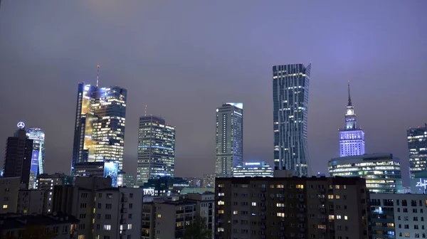 Warschau Polen November 2019 Nächtliches Panorama Von Warschau Mit Wolkenkratzern — Stockfoto