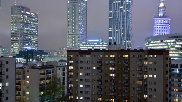 Warsaw, Poland. 8 November 2019. Night panorama of Warsaw with skyscrapers.