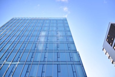 Mavi camlı modern gökdelenlerin soyut dokusu. İş geçmişi.