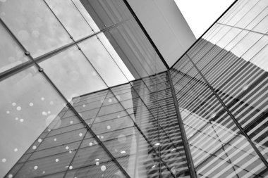 Güneş ışığı günbatımında kentsel binalar üzerinde ışık etkisi yaratır. Modern ofis inşaatı, güneş ışığıyla kaplı cam yüzey. İş geçmişi. Siyah ve beyaz.