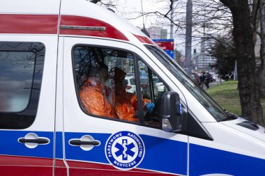 Warsaw, Poland. 13 March 2020. Transport of a patient suspected of coronavirus infection in Warsaw. clipart