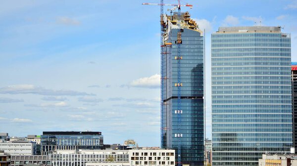 Warsaw, Poland. 18 April 2020. Aerial view of modern skyscrapers and buildings of the city.