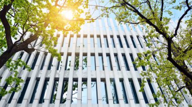 Güneş ışınlı modern mimari. Parlak güneşli bir günde, masmavi gökyüzünde güneş ışınlarıyla cam cephe.