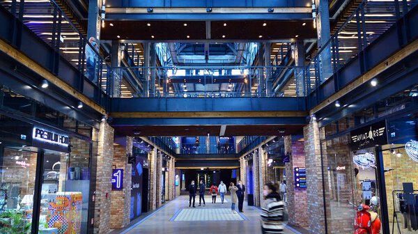 Warsaw, Poland. 25 May 2020. The interior view of shopping mall Elektrownia Powisle. The history of the Powile Power Plant is over 100 years old. Is a landmark revitalization project.