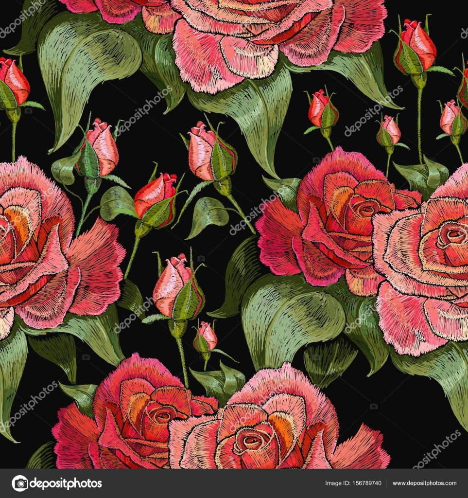 Roses embroidery seamless pattern. Classical embroidery