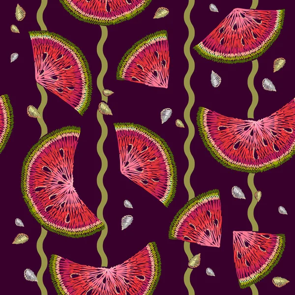 Watermeloenen borduurwerk naadloze patroon. Hand tekenen vruchten — Stockvector