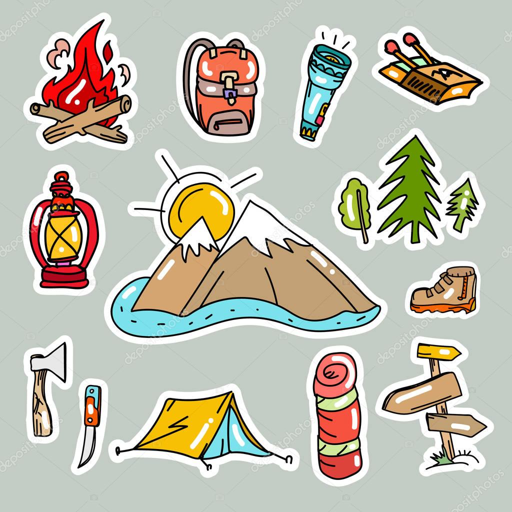 Camping stickers pop art style, tourism equipment symbols