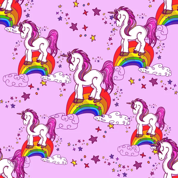 Magic unicorns on rainbow pink seamless pattern — Stock Vector