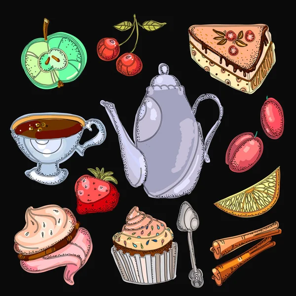 Colección de té. Elementos para fiestas de té, tetera, dulces — Vector de stock