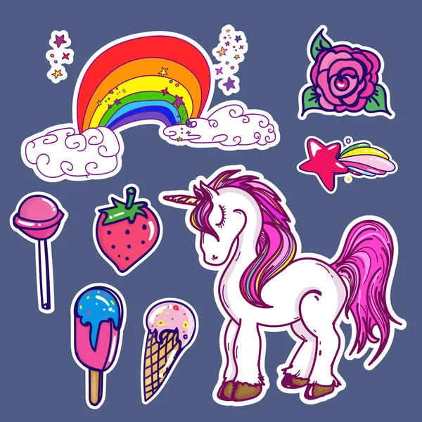 Stickers pop art à la mode, licorne, arc-en-ciel, bonbons, badges — Image vectorielle
