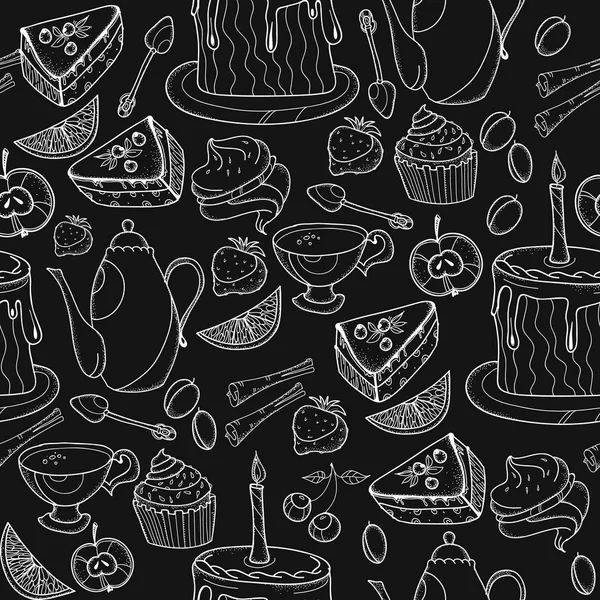 Time for tea and teapot, sweet pastries seamless pattern