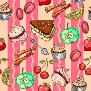 Sweets, çay partisi seamless modeli. Hamur işleri, Zephyr'i, kek