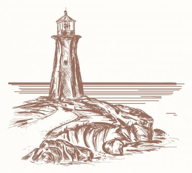 Deniz feneri el çizilmiş kroki. Kayalık deniz kıyısında deniz feneri