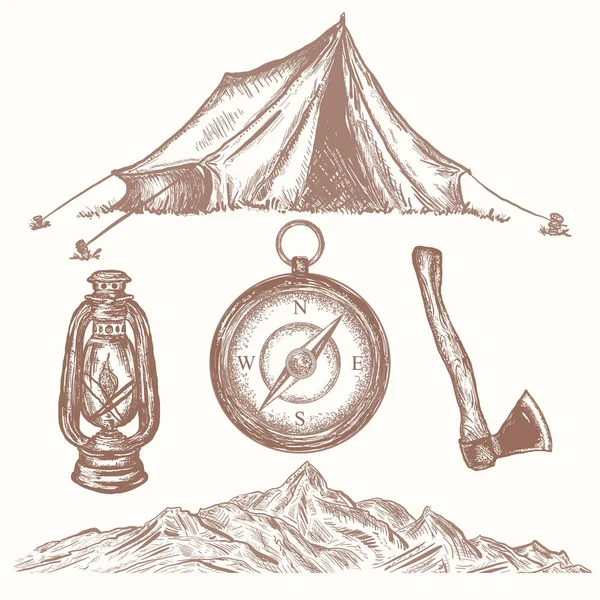 Camping vacanza oggetti elementi disegnati a mano — Vettoriale Stock