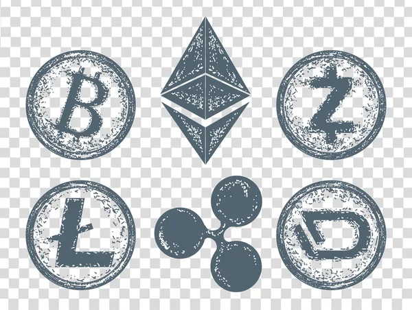 Monnaie cryptée Bitcoin, Litecoin, Etherium, Ondulation, Dash, Zcash, DigiByte — Image vectorielle