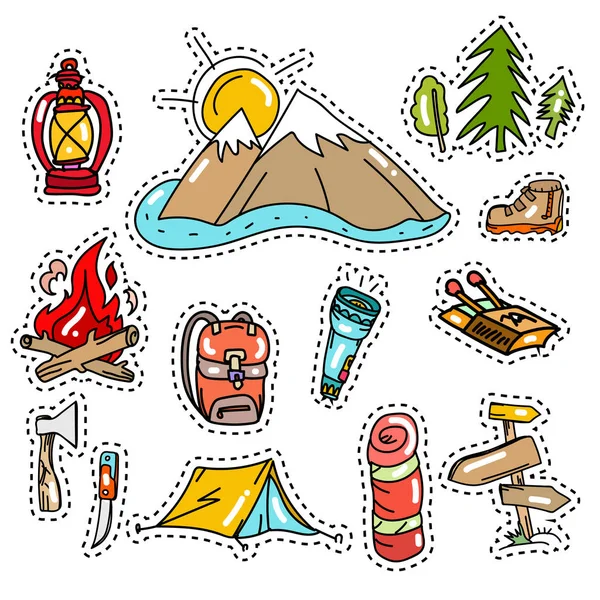 Éléments vectoriels camping. Autocollants camping style pop art, tourisme — Image vectorielle