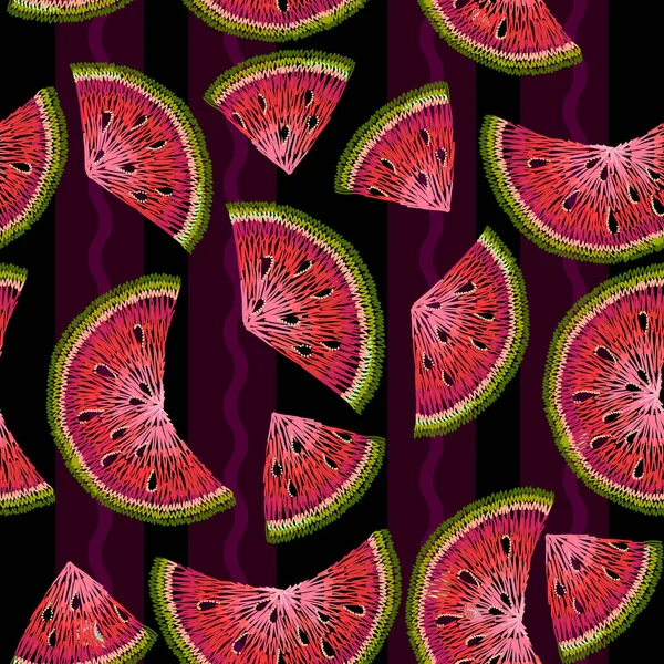 Vodní melouny vyšívací vzor bezešvé. Ruční kreslení ovoce — Stockový vektor