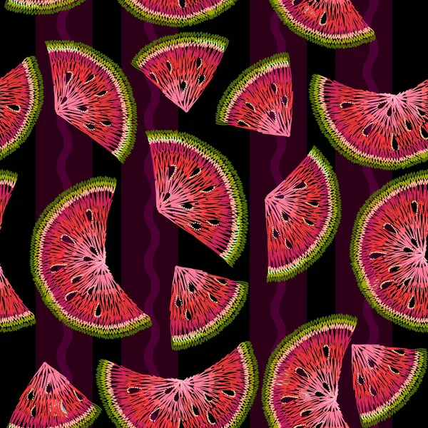 Patrón sin costuras bordado sandías. Dibujo a mano frutas — Vector de stock