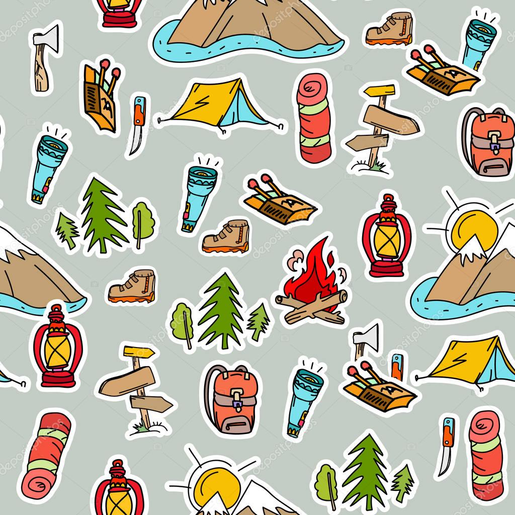 Camping seamless pattern. Camping background pop art style