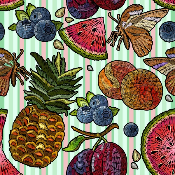 Broderie motif sans couture de fruits tropicaux. Broderie d'été — Image vectorielle